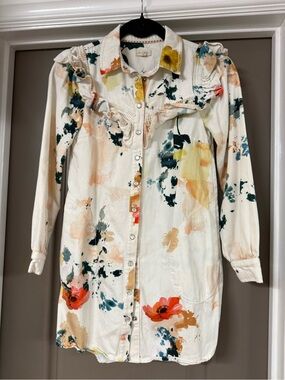 Painted Floral Button-Up Shirt Dress - Cream with Multicolor Blooms